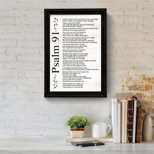 Psalm 91 Vintage Rustic Bible Verse Framed Wall Art, 16''×23'' - Lot 670