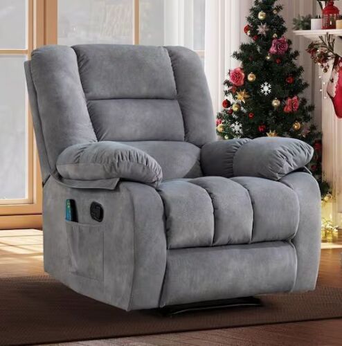 Bestier Gray Overstuffed Fabric Recliner Chair with 8-Point Vibration Massage Manual Pull Recliner with Time Setting - Lot 35JF