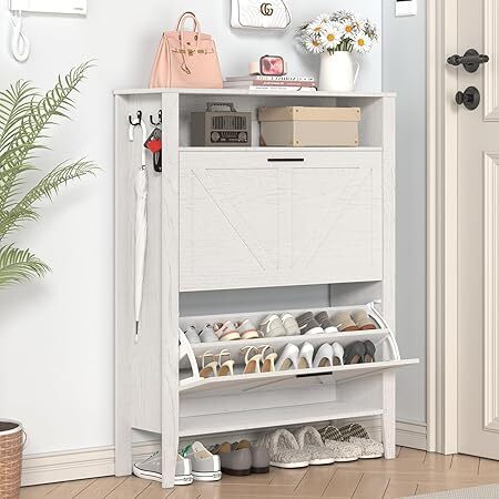 Shoe Cabinet with 2 Flip Drawers & Open Storage, Shoe Organizer Space Saver with Wood Legs, Freestanding Shoe Cabinet Organizer & Narrow Shoe Rack Cabinet for Entryway/Closet, White - Lot 5