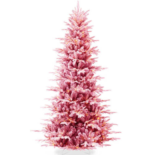PINK Pre-Lit Flocked Artificial Aspen Noble Fir Christmas Tree w/ Metal Stand 9ft - Lot 2580