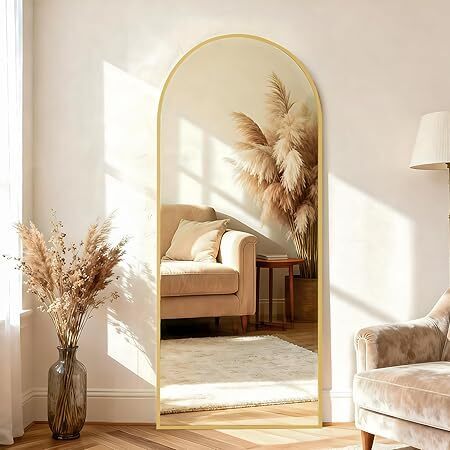 Full Length Mirror, Arch Full Body Floor Mirror, Wall Mirrors Hanging or Leaning Arched-Top with Stand for Bedroom, Dressing Room, Living Room, Gold - Lot 2626