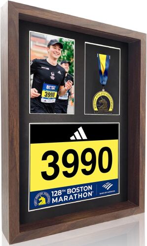 3-in-1 Shadow Box Display with Real Glass (Medal, Race Bibs, and Photo Display) – Marathon Medal Display and Frame, Triathlon & Running Bib Holder, Wall-Mounted, Real Tempered Glass, Walnut - Lot 2526