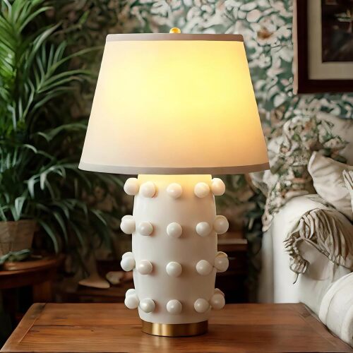 Ceramic Table Lamp with Brass Base and Linen Lamp Shade, Large Modern Bedside Nightstand End Table Lamp for Bedroom, Living Room, Home Office Entryway, White - Lot 2556