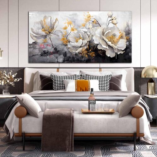 Flower Wall Art for Living Room, Gold and White Peony Canvas Print Painting for Bedroom, Floral Picture Artwork Decor, Large Size 60x30 Inches - Lot 2596