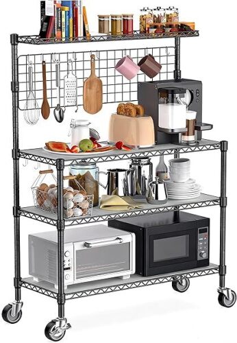 Leteuke Bakers Rack with Storage & Wheels, 42 Inch Microwave Stand Kitchen Shelves, 4-Tier Heavy Duty Storage Rack - Lot 2641