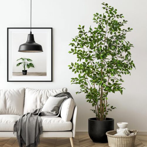Artificial Ficus Tree Indoor 7ft, Large Potted Faux Tree with Realistic Silk Leaves & Trunk for Home Office, Living Room Corner Decor - Lot 2622