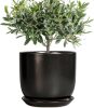 Ceramic Flower Pot 8 Inch - Modern Round Planter for Indoor Outdoor Plants with Drainage Hole and Saucer, Home House Room Office Patio Decor, Black - Thumbnail 1