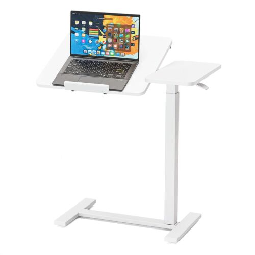 Adjustable Overbed Table with Wheels Mobile Rolling Laptop Desk Tilting Bedside Table Laptop Bed Sofa Office Use, White - Lot 2663