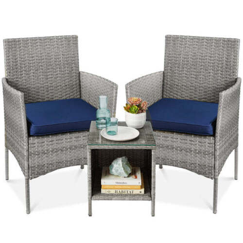 3-Piece Outdoor Patio Wicker Bistro Set w/ Side Storage Table - Lot 2829