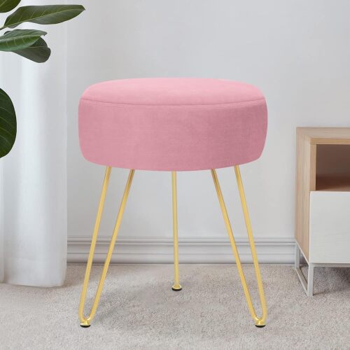 Velvet Soft Modern Vanity Stool -Round Footrest Stool Ottoman Side Table Seat Dressing with Golden Metal Leg and Sponge Filling,Upholstered Foot Rest, for Living Room and Bedroom Pink - Lot 2864