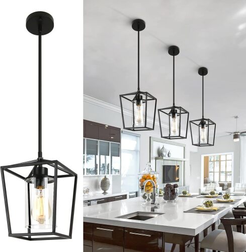 3-Pack Light Black Pendant Light Fixture Farmhouse Iron Cage Metal Pendant Light Lantern Hanging Light Fixtures with Clear Glass Shade for Kitchen Island, Entryway, Dining Room, Hallway - Lot 2707