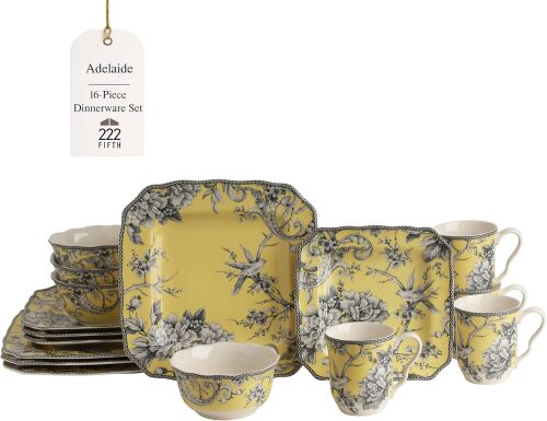 222 Fifth Adelaide 16-Piece Square Floral Dinnerware Set – Service for 4,Yellow Porcelain Plates & Bowls, for Everyday Dining & Entertainment, Microwave & Dishwasher Safe, Chip Resistant - Lot 2899