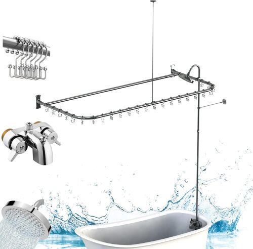 Clawfoot Tub Shower Kit,Add On Shower With Bathcock Diverter Faucet and 60" D Type Claw foot Tub Shower Curtain Rod Kit,D-Style Shower Rod and Clawfoot Tub Shower Faucet Set,Chrome Plated - Lot 2732
