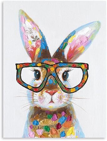 Yidepot Whimsical Colorful Rabbit Canvas Poster - Bunny Bedroom Wall Decor with Cute Glasses Pictures for Living Room 12"x16" - Lot 2837