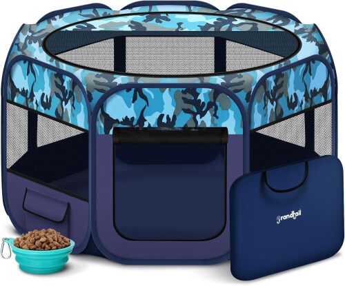 Dog Playpen, Pet Playpen, Portable Cat Playpen, Foldable Puppy Playpen Exercise Kennel Tent with Carry Case Collapsible Bowl,Water-Resistant Shade Cover for Indoor Outdoor Travel - Lot 2720