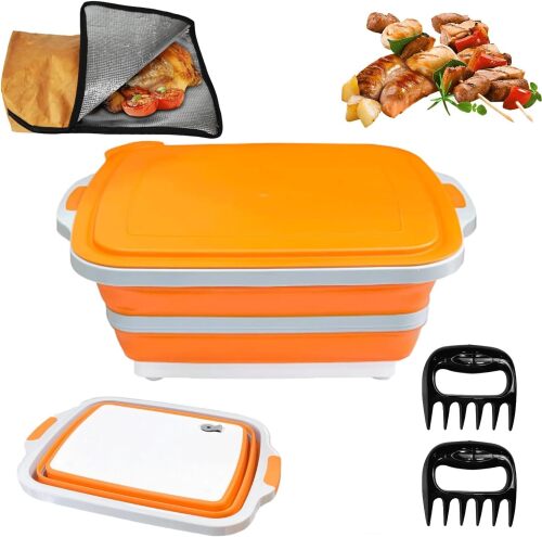 3-in-1 BBQ Prep Tub 16L – Collapsible Cutting Board with Resting Blanket, All-in-One Meat Marinating, Shredding & Grilling Set Ideal BBQ Accessories for Camping, Picnic, & Outdoor Cooking (NO CLAWS) - Lot 2725