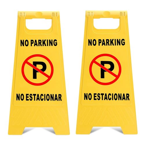 Outdoor No Parking Signs 2 Pack, Two-Sided Folding Floor Sign with Symbol, Includes English & Spanish No Estacionar Message, Yellow Portable Folding No Parking Sign for Business Lots - Lot 2730