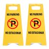 Outdoor No Parking Signs 2 Pack, Two-Sided Folding Floor Sign with Symbol, Includes English & Spanish No Estacionar Message, Yellow Portable Folding No Parking Sign for Business Lots - Thumbnail 1