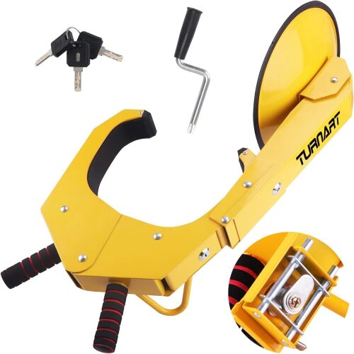 TURNART Universal Wheel Lock Anti Theft for Cars SUV Camper Trailer, 3 Keys, 1 Crank, Yellow - Lot 2740