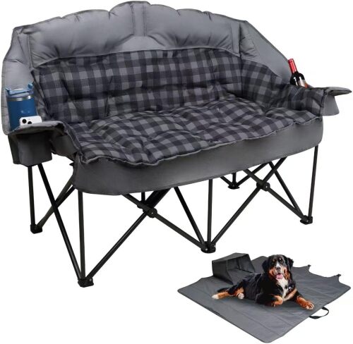 Double Camping Chair, Padded Loveseat Camping Couch, Oversized 2 Person Camp Chairs with 2 in 1 Carry Bag, Heavy Duty Folding Lawn Chair Outdoor Sofa with Cup Holders for Adults Patio Backyard - Lot 2882