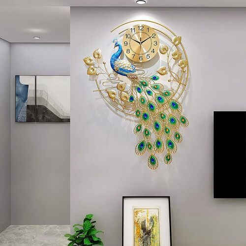 Large Peacock Wall Clock 36.6 inch Metal Design Non-Ticking Silent Art Digital Wall Clocks for Living Room Decor - Lot 2843