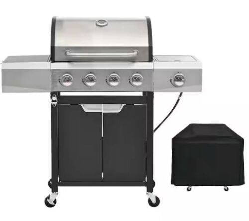 4-Burner Propane Gas Grill in Stainless Steel with Side Burner, Condiment Rack and Built-in Thermometer - Lot 13JF