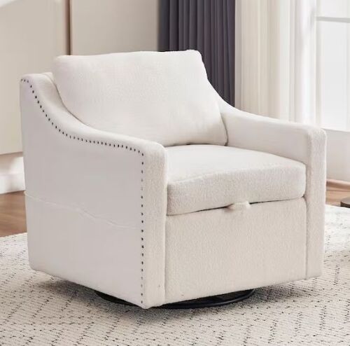 Noble House Lennox Ivory Modern Teddy Fabric Upholstered Armchair 360° Swivel Accent Chair with Nailhead Trim, Pillow - Lot 20JF