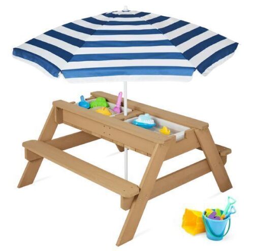 3-in-1 Kids Sand & Water Table Outdoor Wood Picnic Table w/ Umbrella - Lot 87
