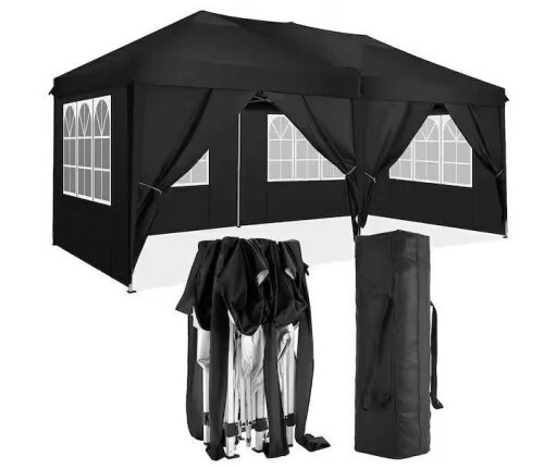 10 ft. x 20 ft. Black Pop Up Canopy Tent with 6 Removable Sidewalls - Lot 90JF