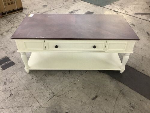 Harper & Bright Designs Farmhouse 47.2 in. Walnut and White Rectangle Wood Coffee Table with Lockable Wheels, 1 Drawer - Damaged Top - Lot 134JF