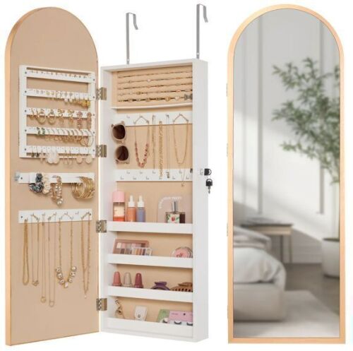 Door/Wall Mounted Arch Mirror Jewelry Armoire, w/ Metal Frame, Built-In Lock - Lot 219