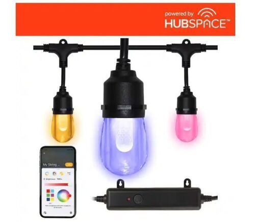 Hampton Bay Indoor/Outdoor 12-Light 24 ft. Smart Plug-in Edison Bulb RGBW Color Changing LED String Light Powered by Hubspace - Lot 239JF