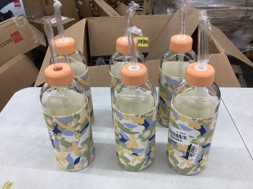 Lot of (6) Glass Tumbler with Straw, 24 oz - 1 Missing Gasket - Lot 405