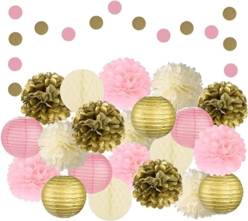 Case of (36) EpiqueOne 22-Piece Tissue Paper Pom Poms Party Set - Pink, Gold & Ivory - Lot 461