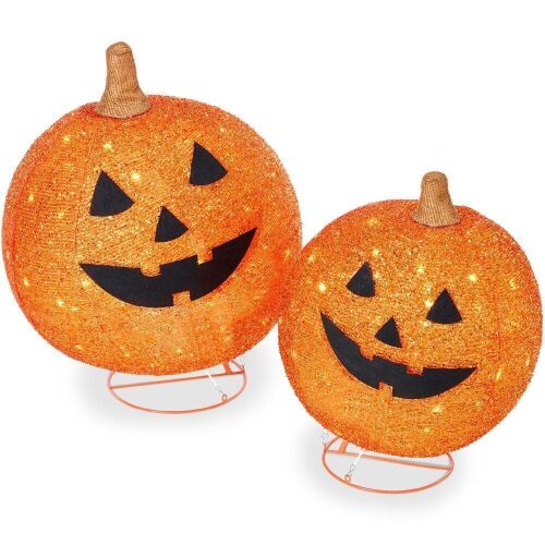 2pc Lighted Pop-Up Outdoor Halloween Holiday Pumpkin Set w/ 130 LED Lights - Lot 623