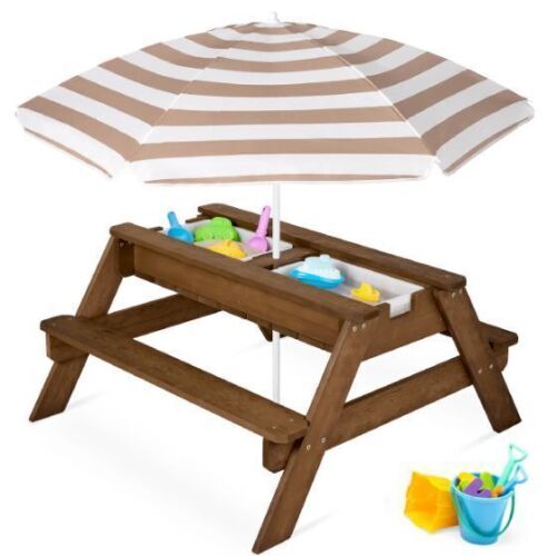3-in-1 Kids Sand & Water Table Outdoor Wood Picnic Table w/ Umbrella - Lot 649