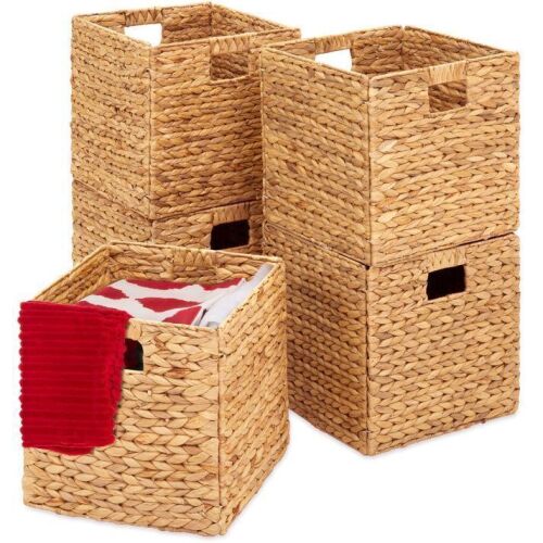Set of 5 Collapsible Hyacinth Storage Baskets w/ Inserts - 13x13in - Lot 707