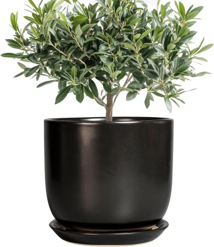 Ceramic Flower Pot 8 Inch - Modern Round Planter for Indoor Outdoor Plants with Drainage Hole and Saucer, Home House Room Office Patio Decor, Black - Lot 9