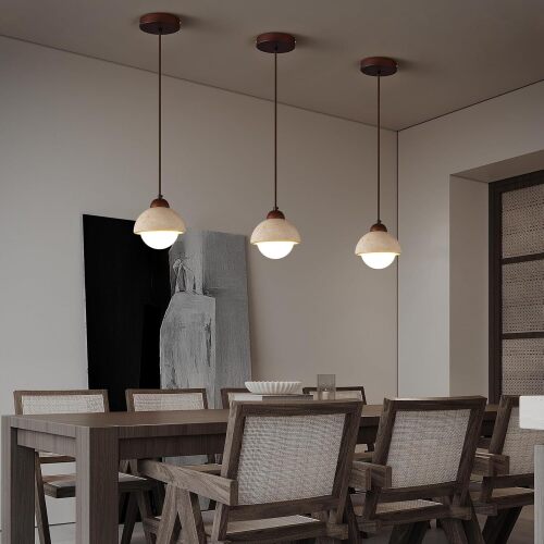 Nordic Natural Stone Shade Pendant Light Wabi Sabi Yellow Cave Stone Chandelier for Kitchen Island,Wood Suspension Lamp for Dining,Bedside,Entryway,Cafe,Restaurant(3-Pack) - Lot 2739