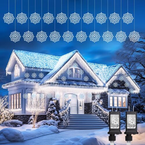 Brightown 2 Pack Christmas Snowflake Icicle Lights Outdoor - Plug-in 23.6ft 10 Drops 480LED Snowflake Window Lights for Indoor Outdoor Porch Eaves Rooftops Christmas Decoration - Lot 2764