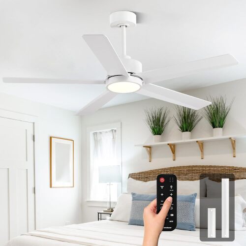 Modern Ceiling Fans with Lights,52 Inch Ceiling Fans with Remote for Bedroom Living Room Kitchen, 18W 3CCT Dimmable，5 Blades 6 Speed Reversible Quiet DC Motor White - Lot 2789