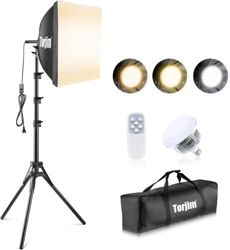 Torjim Softbox Photography Lighting Kit, 16'' x 16'' Professional Softbox Lighting Kit with 85W 3000-7500K LED Bulbs, Studio Lights for Photography/Video Recording/Live Streaming/Portraits Shooting - Lot 2778