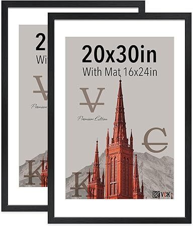 VCK 20x30 Poster Frame Black - with Mat 16x24, Solid Wood Picture Frame with Exclusive Textured, Horizontal and Vertical Formats with Included Hanging Hardware, 2 Pack - Lot 2901