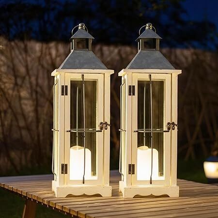 Bdor 2 Pack 26in Farmhouse White Waterproof Wood Metal Decorative Lanterns with Remote Control, Timer, Tempered Glass, Flameless Pillar Candles, Decorative Lanterns for Front Porch, Wedding - Lot 2726