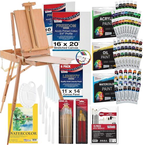 U.S. Art Supply 121-Piece Custom Artist Painting Set with Coronado Field Studio Sketch Box Easel, 72 Paint Colors, 24 Acrylic, 24 Oil, 24 Watercolor, 8 Canvases, 32 Brushes, Painting Pad, 2 Palettes - Lot 2948