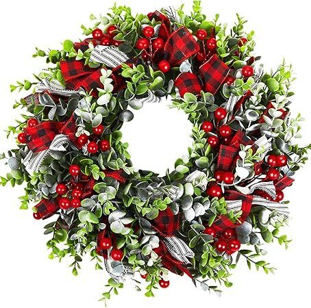 MTSCE Christmas Wreath, Front Door Decoration Wreath Winter Garland Artificial Wreath for House Party Outdoor Indoor Red Black Plaid Wreath-18 Inch - Lot 2736