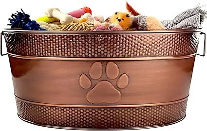 BREKX Indestructible Metal Dog Toy Bin - Copper Galvanized Storage Bin with Handles, Puppy Basket for Dog Storage, Blankets, & Leashes, Paw Pet Toy Box (25-Quart) - Lot 2741
