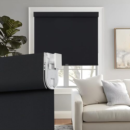 Persilux No Drill No Tools 100% Blackout Roller Shades for Indoor windows, Free-Stop Cordless Roller Blinds, UV Protection Thermal Insulated Fabric Roller Window Shades for Home (Black, 47"W x 72"H) - Lot 2957