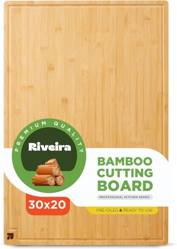 Riveira Wood Cutting Board – Gourmet Bamboo Grandeur: 30 x 20 Cutting Boards For Kitchen – Natural Wooden Cutting Boards For Kitchen – Innovative Juice Grooves Bamboo Cutting Board - Lot 2932