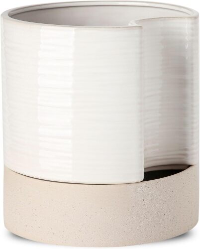 Nihow Self Watering Plant Pot: 8 Inch Ceramic Planter with Drainage Hole & Water Storage Plus for Indoor & Outdoor Plants - Cylinder Round Flower Pot for Succulent/Herbs/Violets - Cream White & Brown - Lot 2930